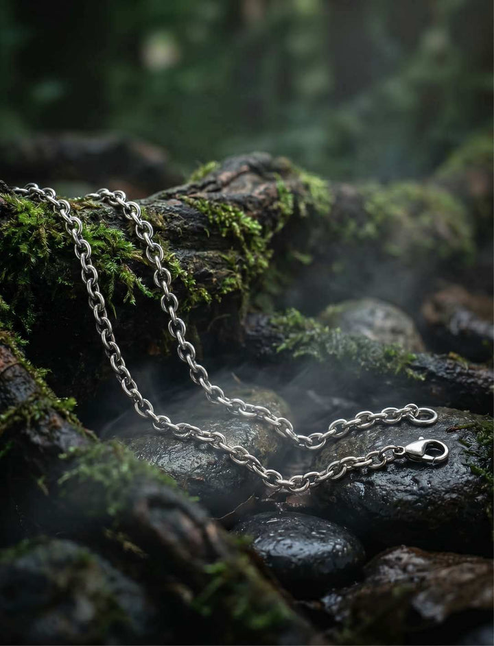 Ankerkette silber auf Moos und nassen Steinen im Wald