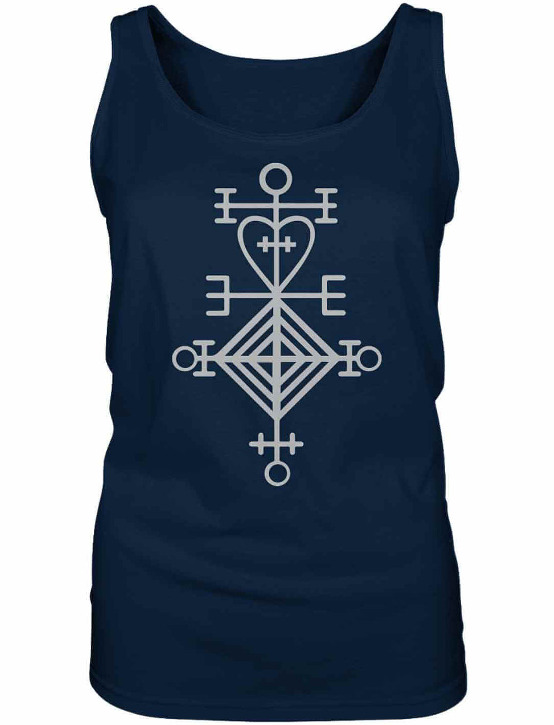 Navyblaues Damen Tank Top mit hellem Runenzeichen, Flatlay-Aufnahme