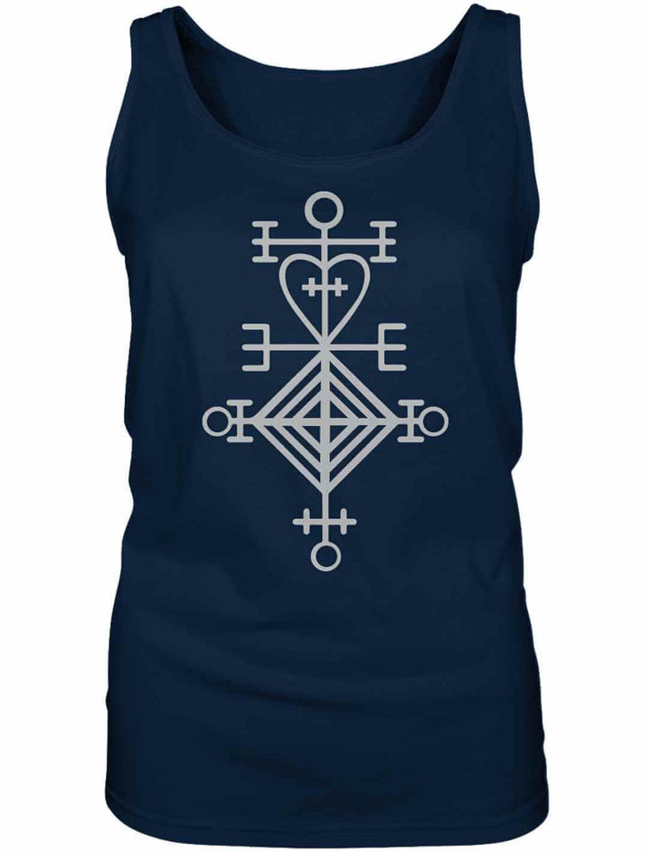Navyblaues Damen Tank Top mit hellem Runenzeichen, Flatlay-Aufnahme