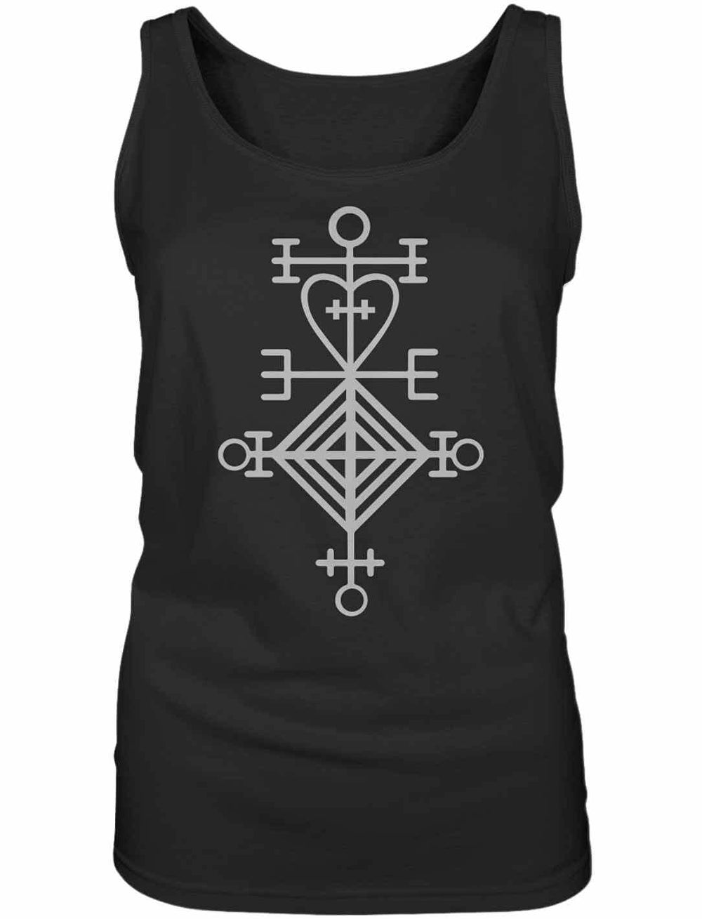 Schwarzes Damen Tank Top mit hellem Astarstafur-Symbol, flach von vorn fotografiert