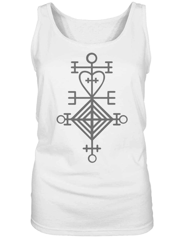 Weißes ärmelloses Damen Top mit dunklem Liebesstab-Symbol, Flatlay von vorn