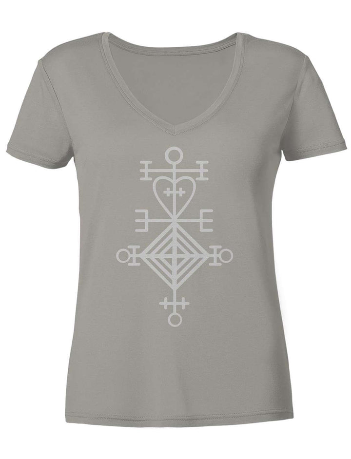 Hellgraues V-Neck Shirt mit fein liniertem Zeichen auf der Vorderseite