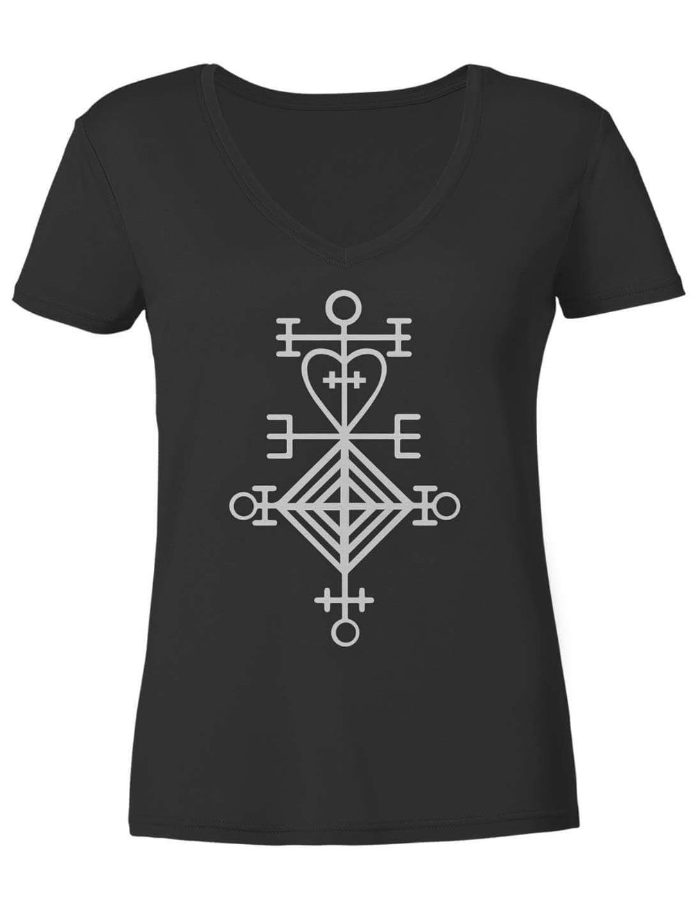 Schwarzes Damen V-Neck Shirt mit isländischem Liebesstab in Weiß, flach liegend