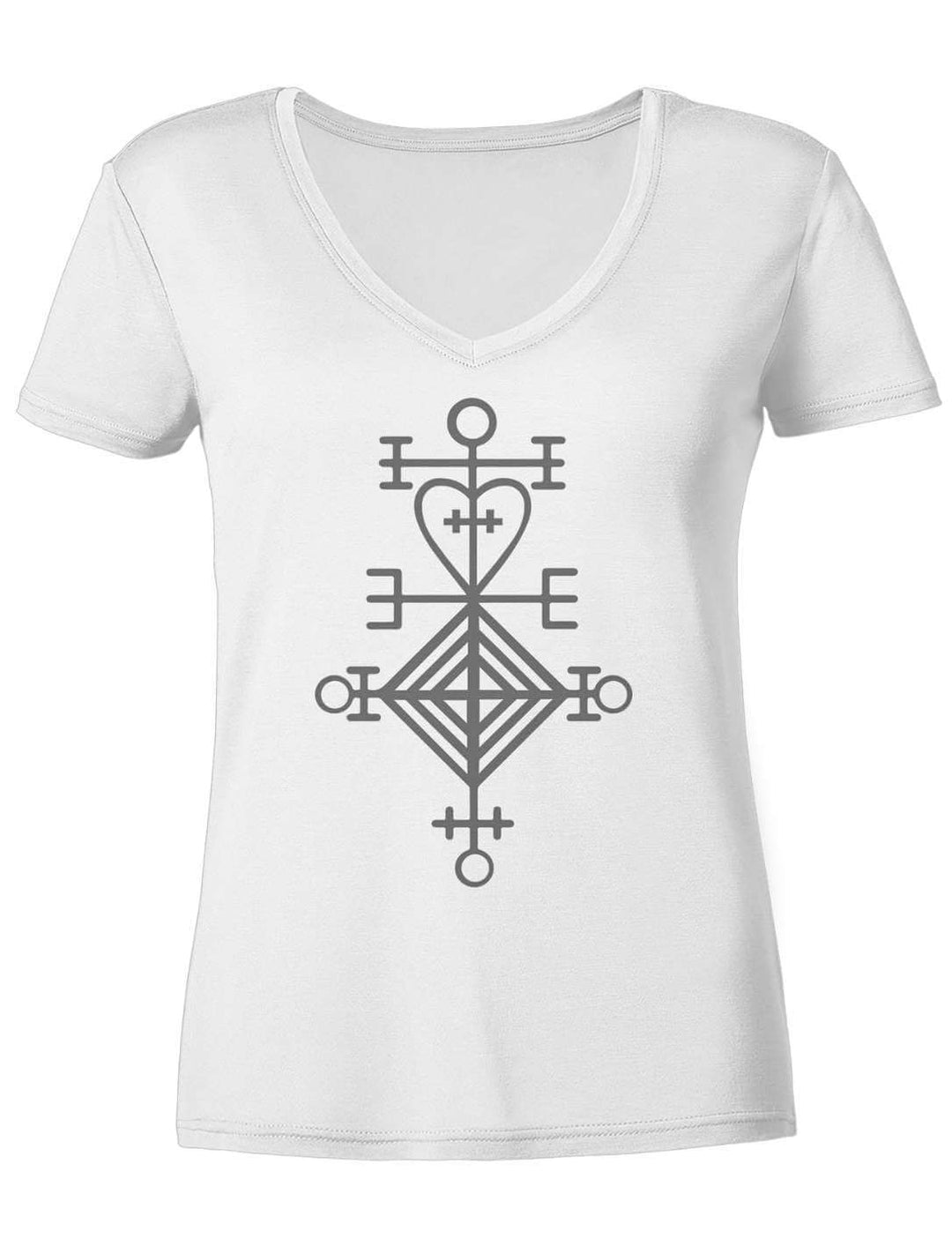 Weisses V-Neck Shirt mit dunklem isländischem Stabzeichen, flach liegend