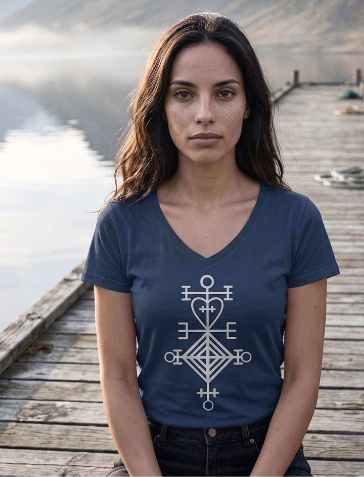 Frau in navyblauem Shirt sitzend, ruhiges Tageslicht von der Seite