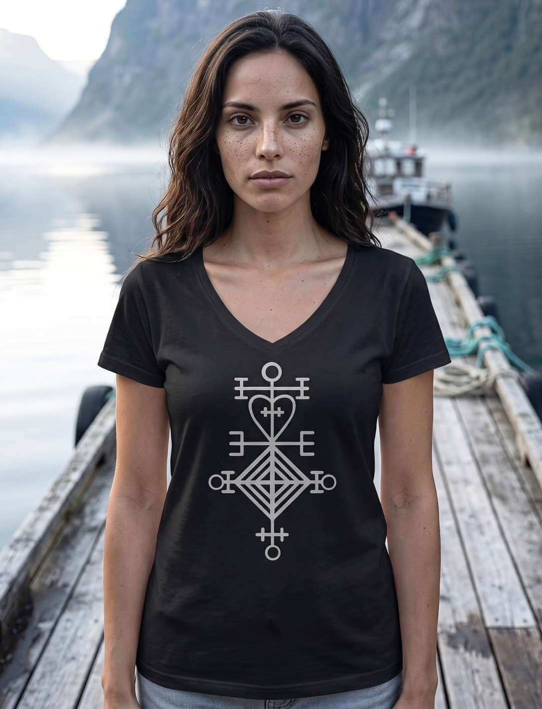 Astarstafur Damen V-Neck Shirt in Schwarz auf einem Holzsteg am nebligen Fjord