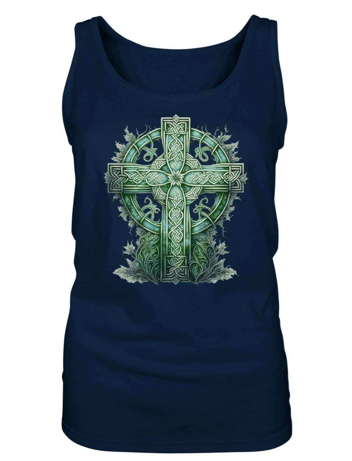 Navyblaues Tank Top mit irischem Hochkreuz im Aquarellstil, Flatlay-Ansicht