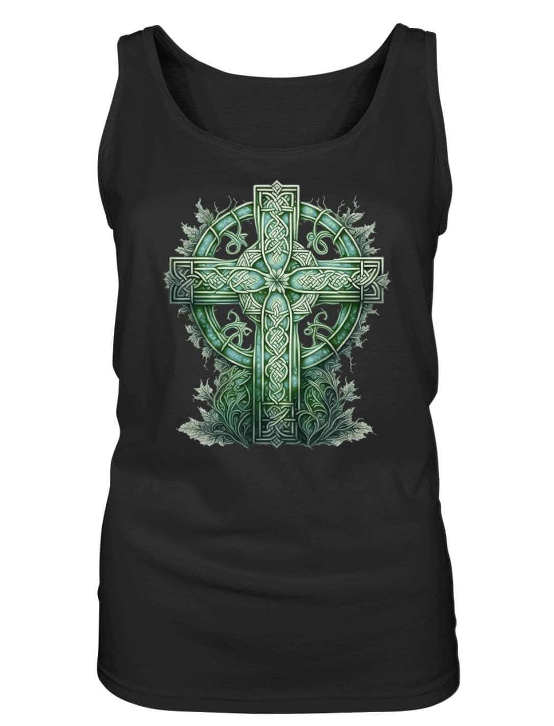 Schwarzes Damen Tank Top mit keltischem Hochkreuz in grünem Aquarell, Flatlay-Ansicht