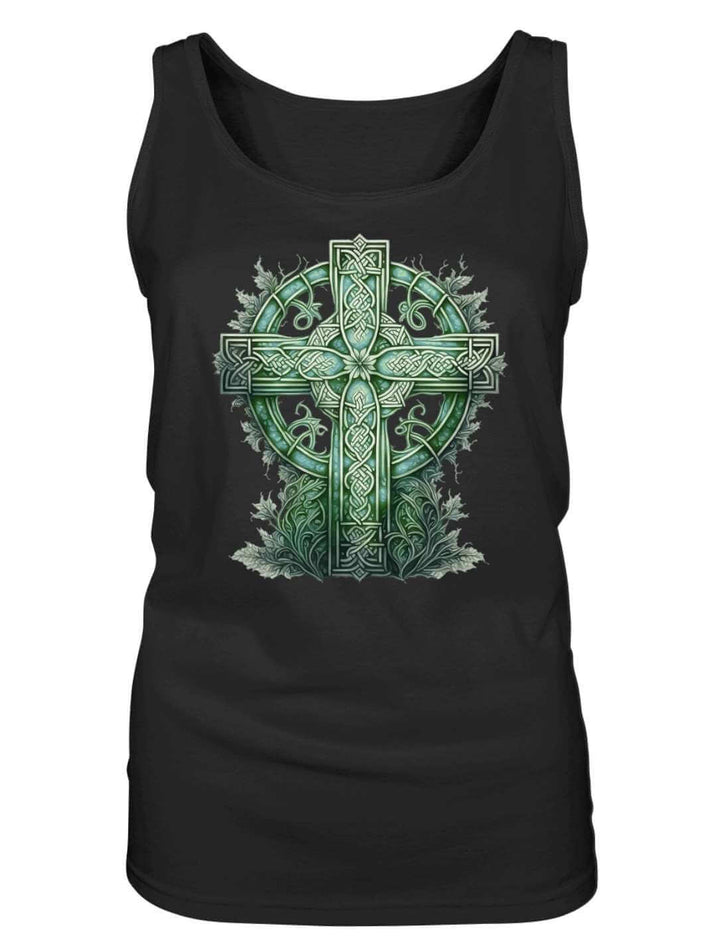Schwarzes Damen Tank Top mit keltischem Hochkreuz in grünem Aquarell, Flatlay-Ansicht