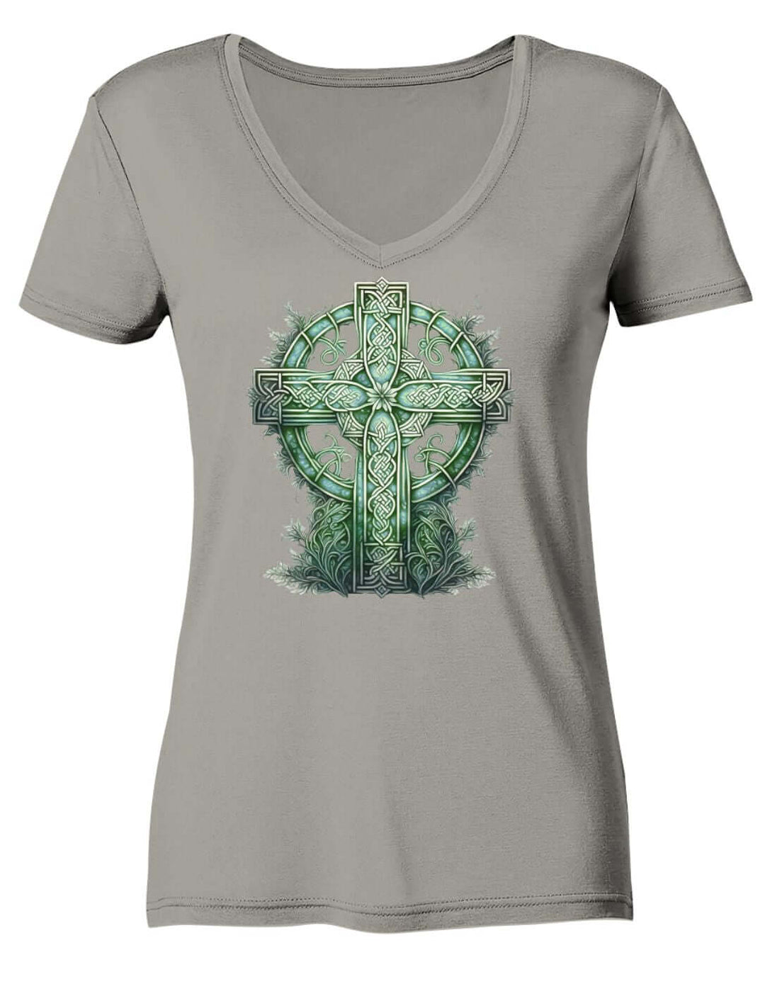 Hellgraues Damen V-Neck Shirt mit Keltenkreuz und Laubranken im Aquarellstil