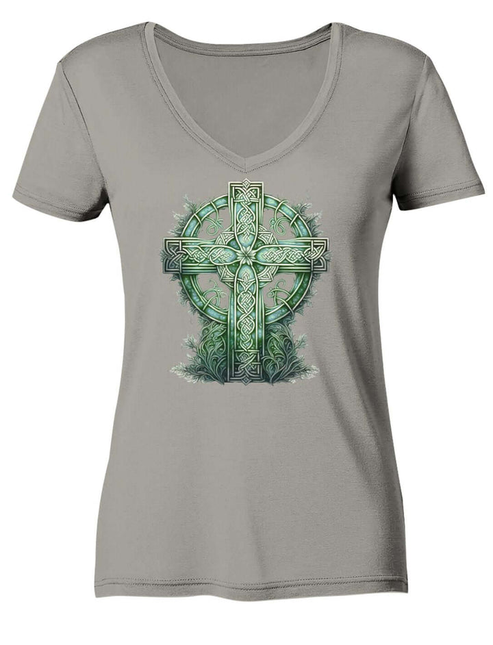 Hellgraues Damen V-Neck Shirt mit Keltenkreuz und Laubranken im Aquarellstil