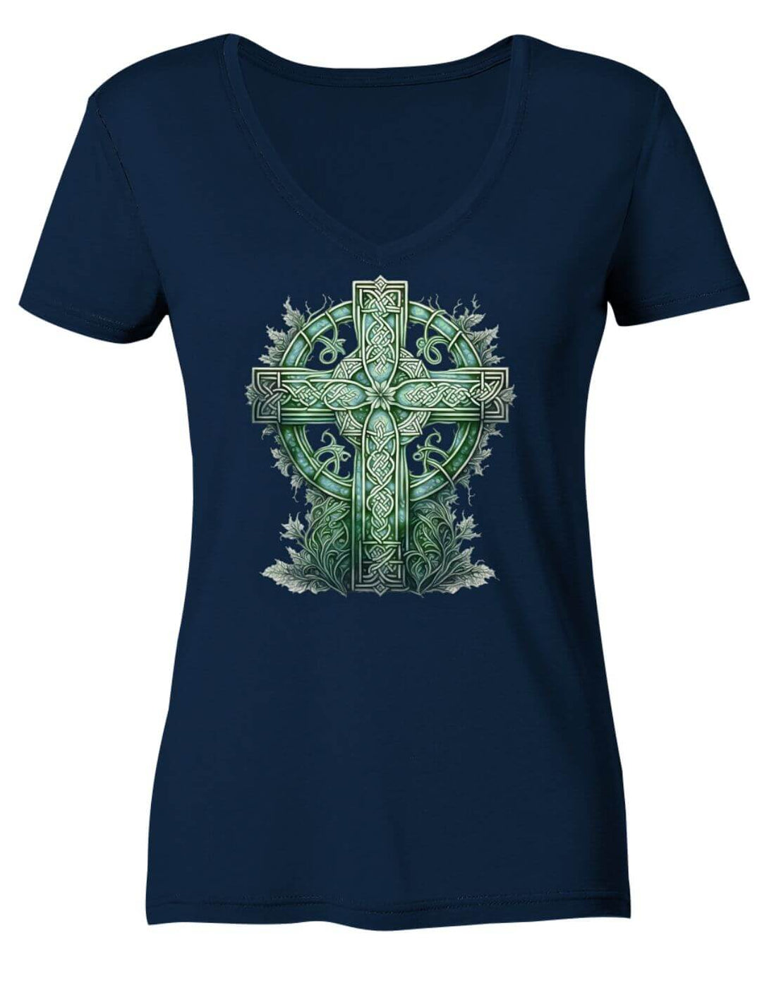 Damen V-Neck Shirt in Navy mit keltischem Kreuz in Grüntönen
