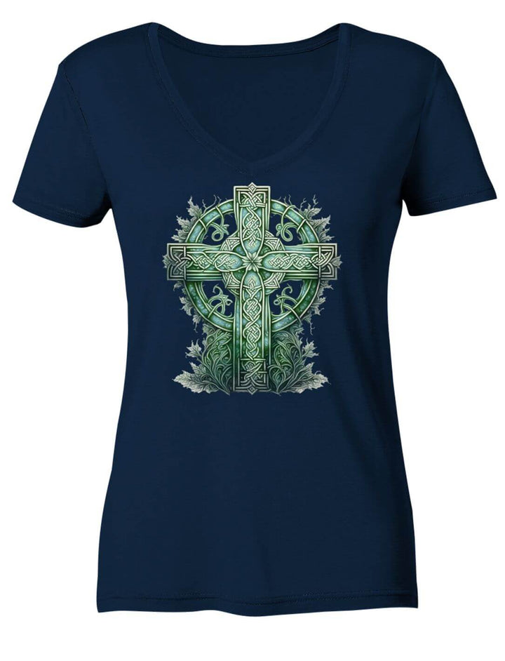 Damen V-Neck Shirt in Navy mit keltischem Kreuz in Grüntönen