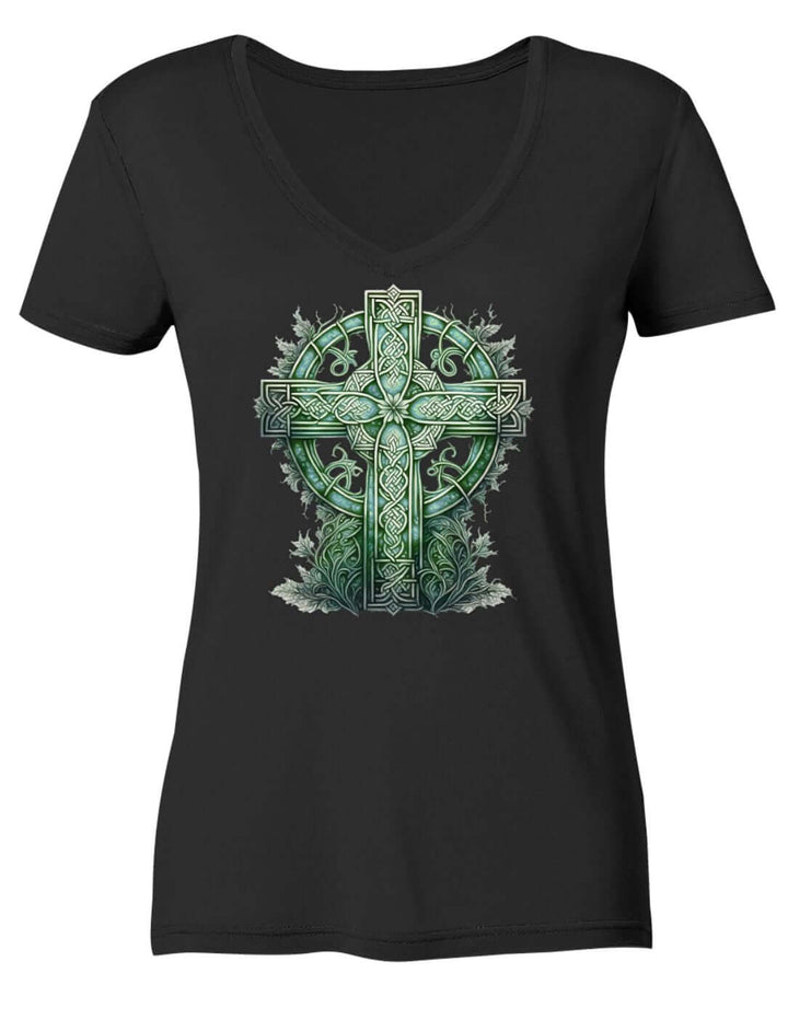 Damen V-Neck Shirt in Schwarz mit keltischem Kreuz im Aquarell, flach ausgelegt