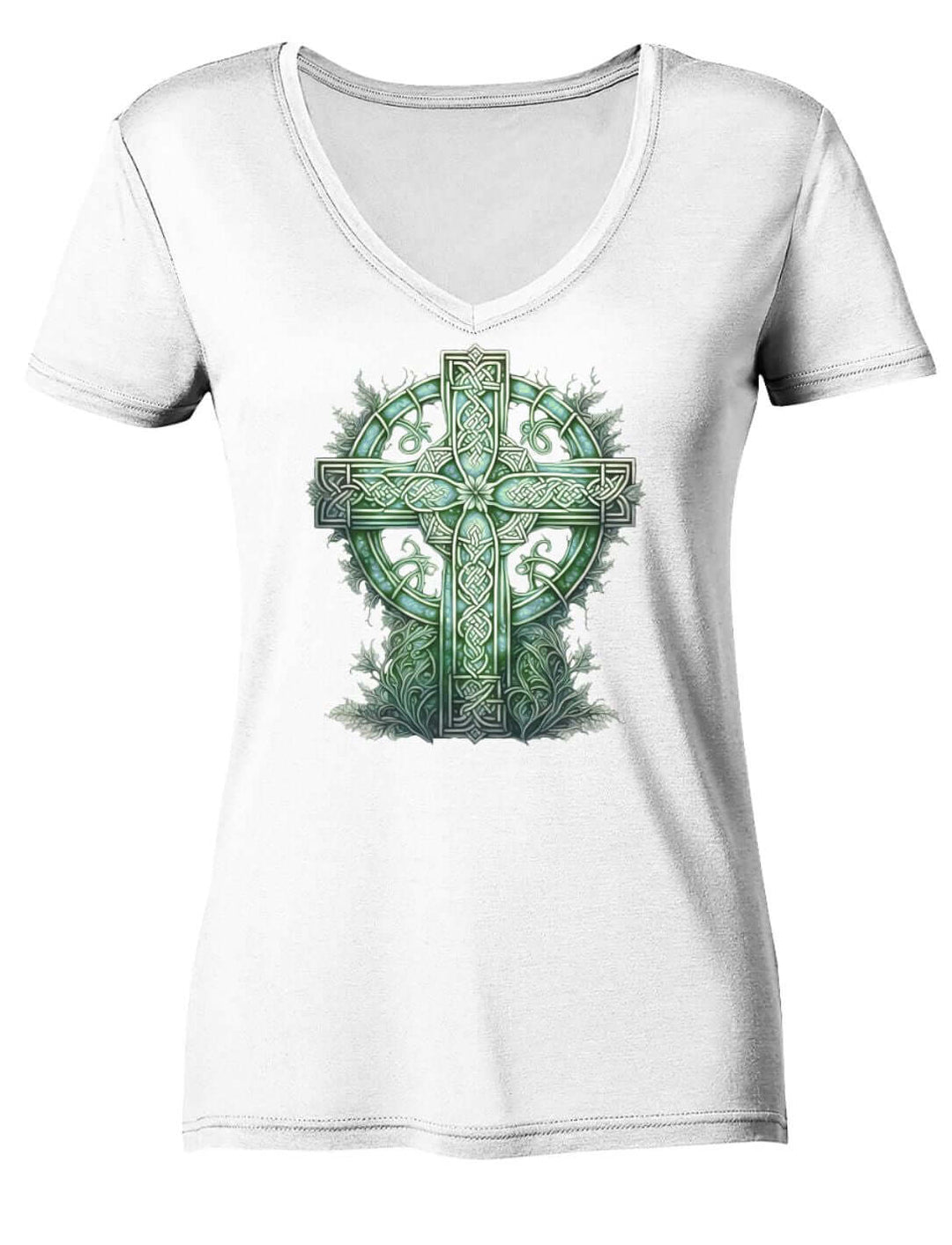 Weisses Damen V-Neck Shirt mit grünem Keltenkreuz auf der Vorderseite