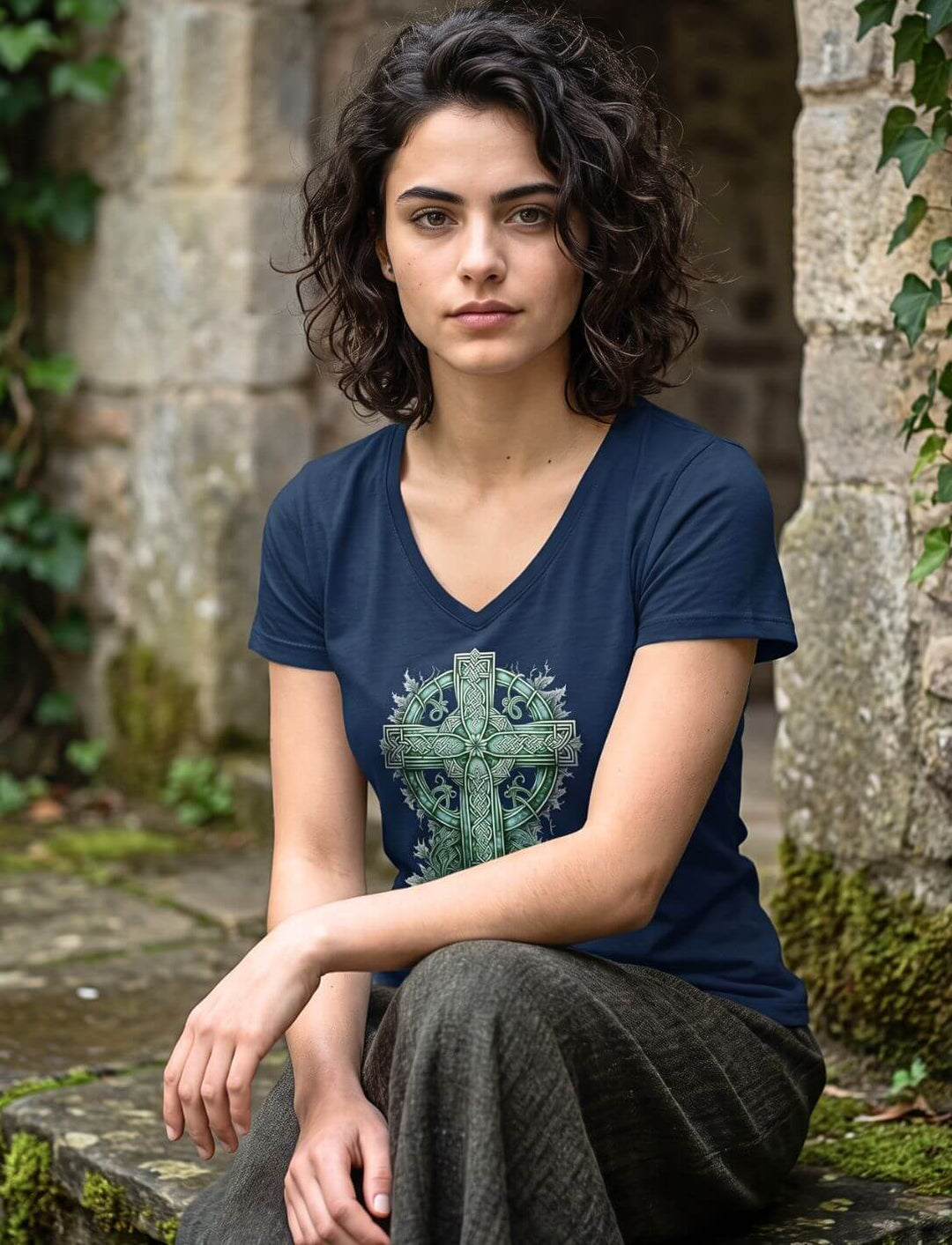 Damen V-Neck Shirt in Navy mit Keltenkreuz auf Moos und Naturstein