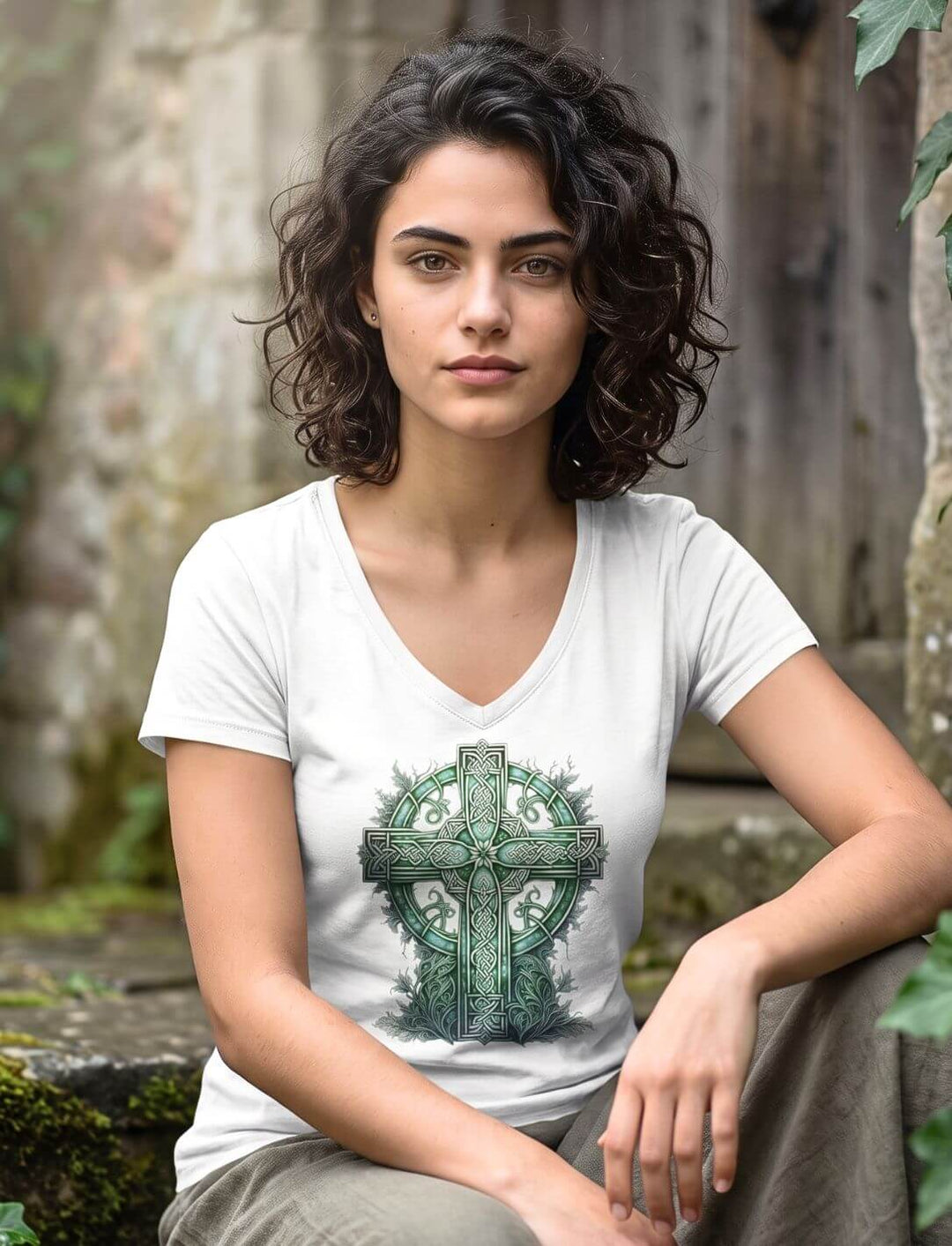 Weisses V-Neck Shirt mit keltischem Kreuz beim Sitzen an alter Mauer