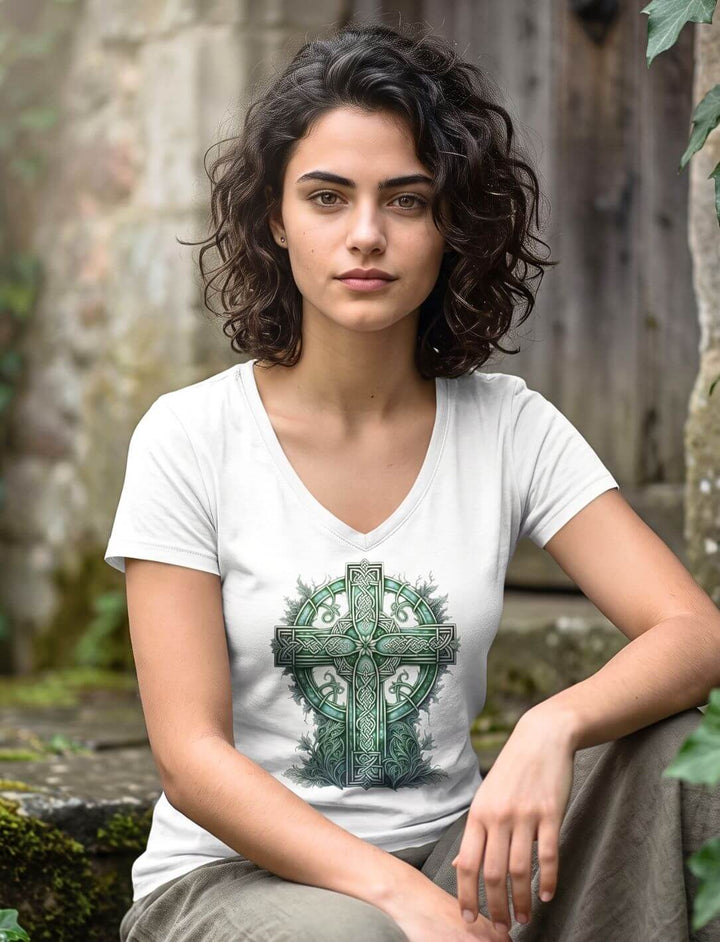 Weisses V-Neck Shirt mit keltischem Kreuz beim Sitzen an alter Mauer