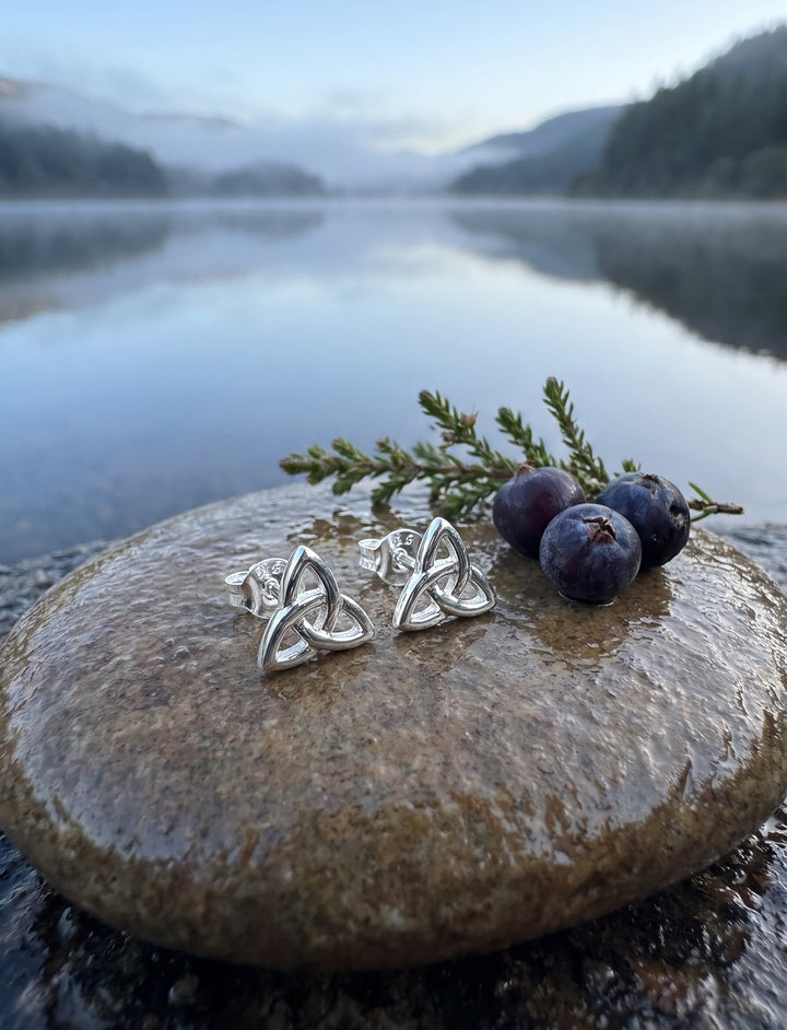 Zwei keltische Ohrstecker aus Sterling Silber auf nassem Kiesel am See mit Wacholderbeeren