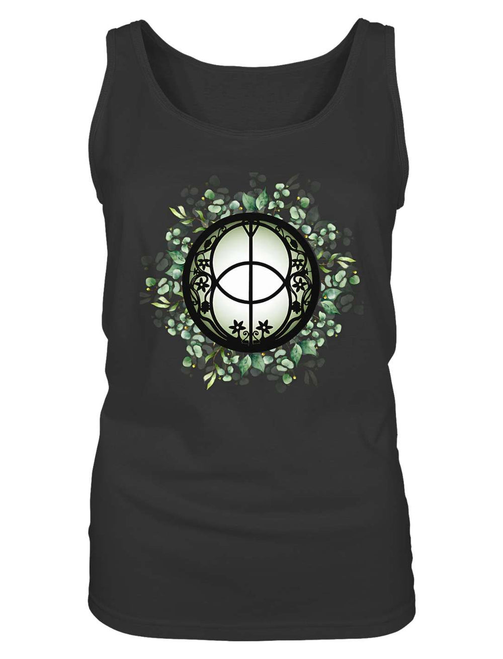 Chalice Well Damen Tank Top in Schwarz, Vorderansicht mit Brunnendeckel-Motiv