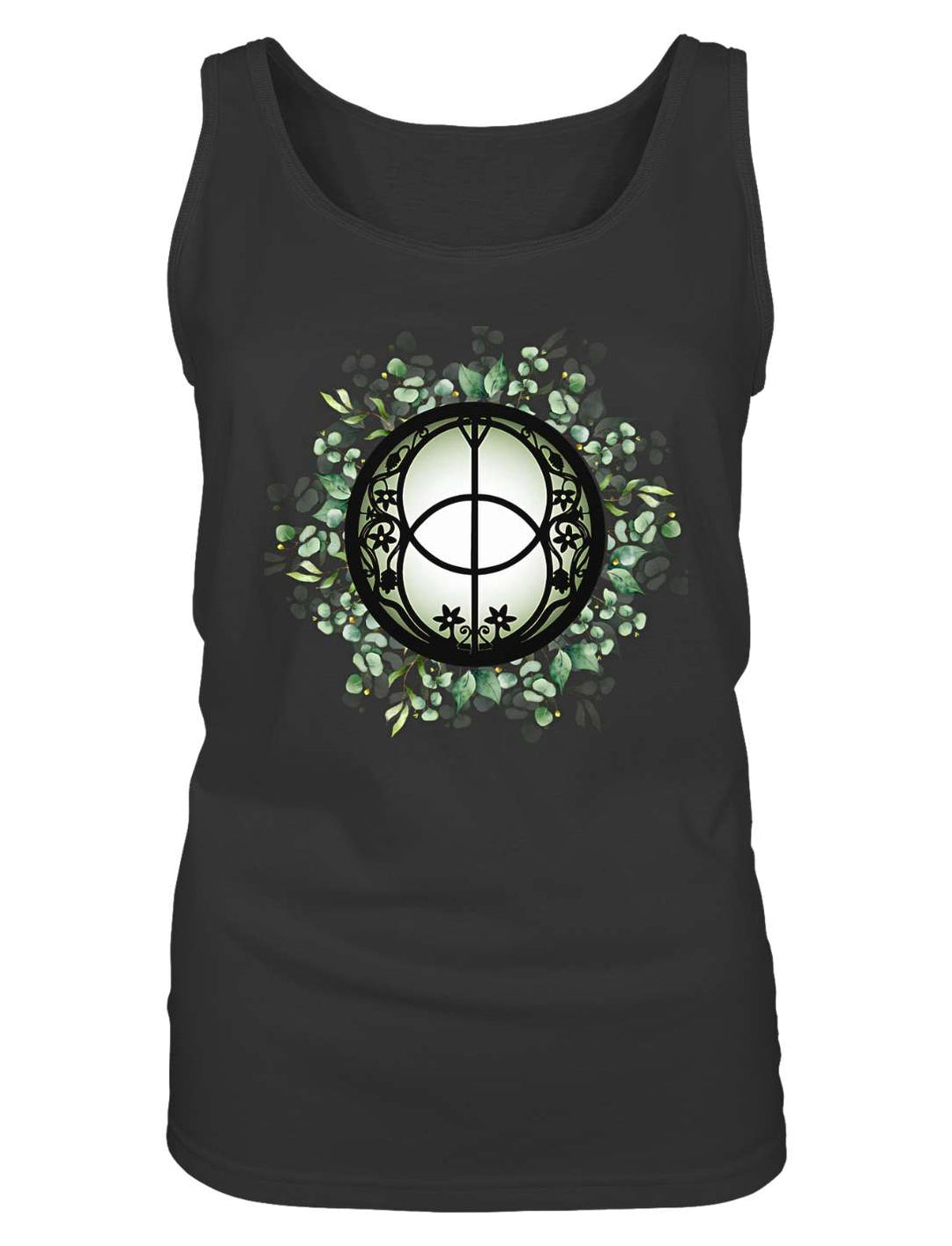 Chalice Well Damen Tank Top in Schwarz, Vorderansicht mit Brunnendeckel-Motiv
