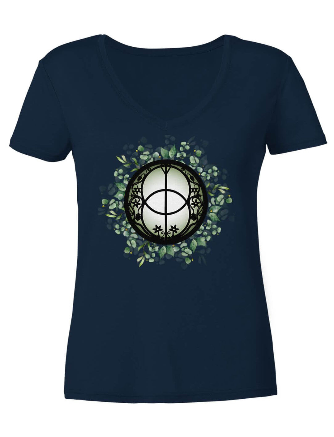 Damen V-Neck Shirt in Navy mit Brunnendeckel-Motiv, Vorderansicht