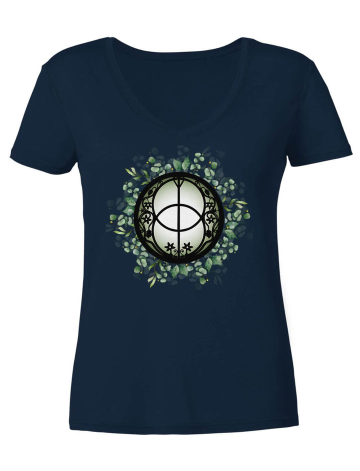 Damen V-Neck Shirt in Navy mit Brunnendeckel-Motiv, Vorderansicht