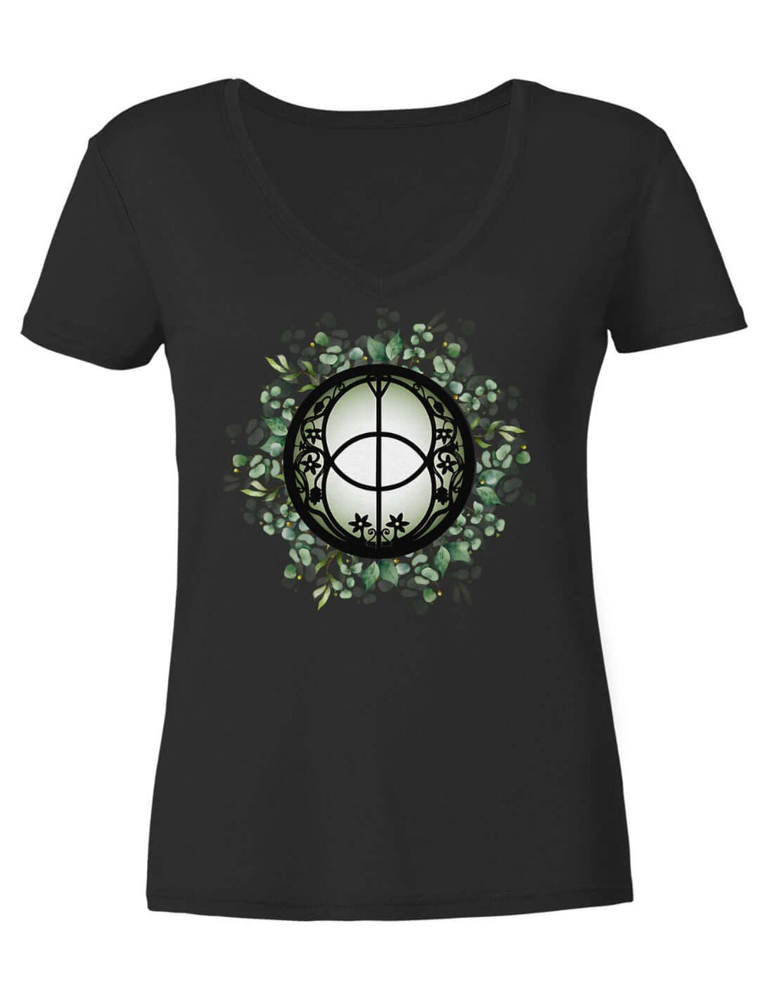 Damen V-Neck Shirt in Schwarz mit Chalice Well Motiv, Vorderansicht