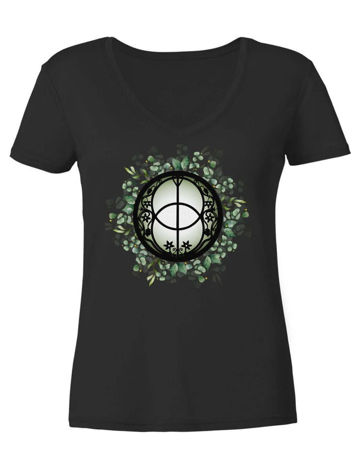 Damen V-Neck Shirt in Schwarz mit Chalice Well Motiv, Vorderansicht