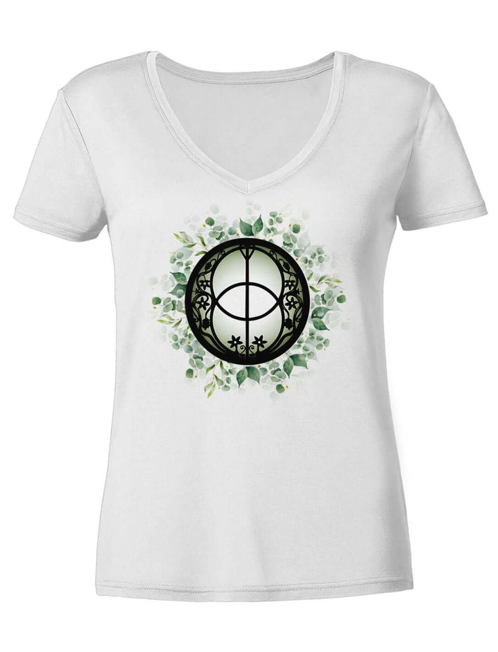 Damen V-Neck Shirt in Weiß mit grünem Blattkranz, Vorderansicht