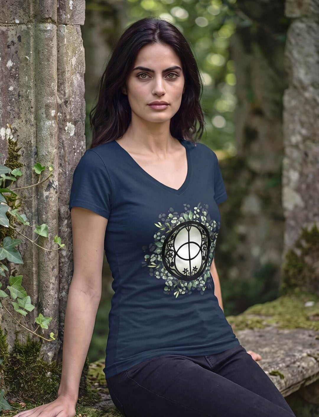 Frau im Shirt in Navy sitzt auf Stein im grünen Wald