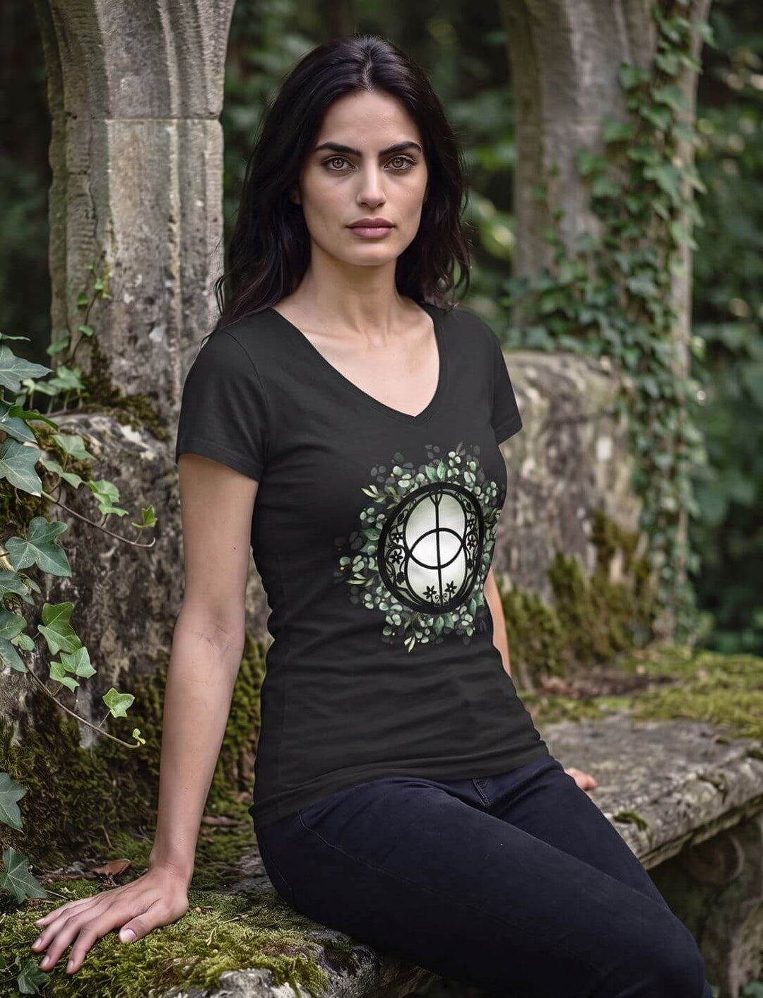 Frau sitzt im schwarzen V-Neck Shirt an einer efeubewachsenen Mauer