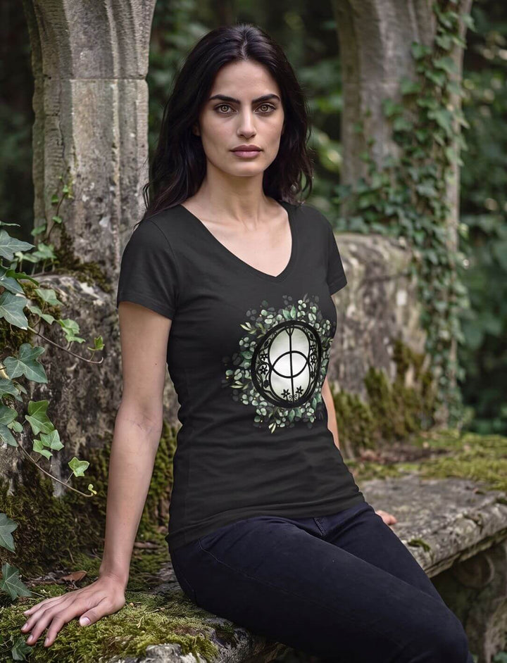 Frau sitzt im schwarzen V-Neck Shirt an einer efeubewachsenen Mauer