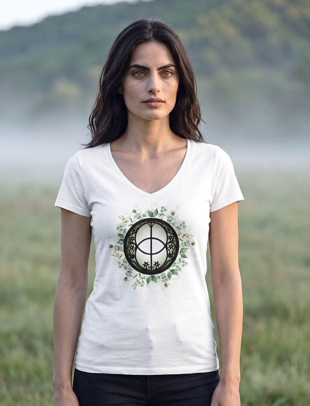 Frau im weißen Shirt auf nebliger Wiese am frühen Morgen