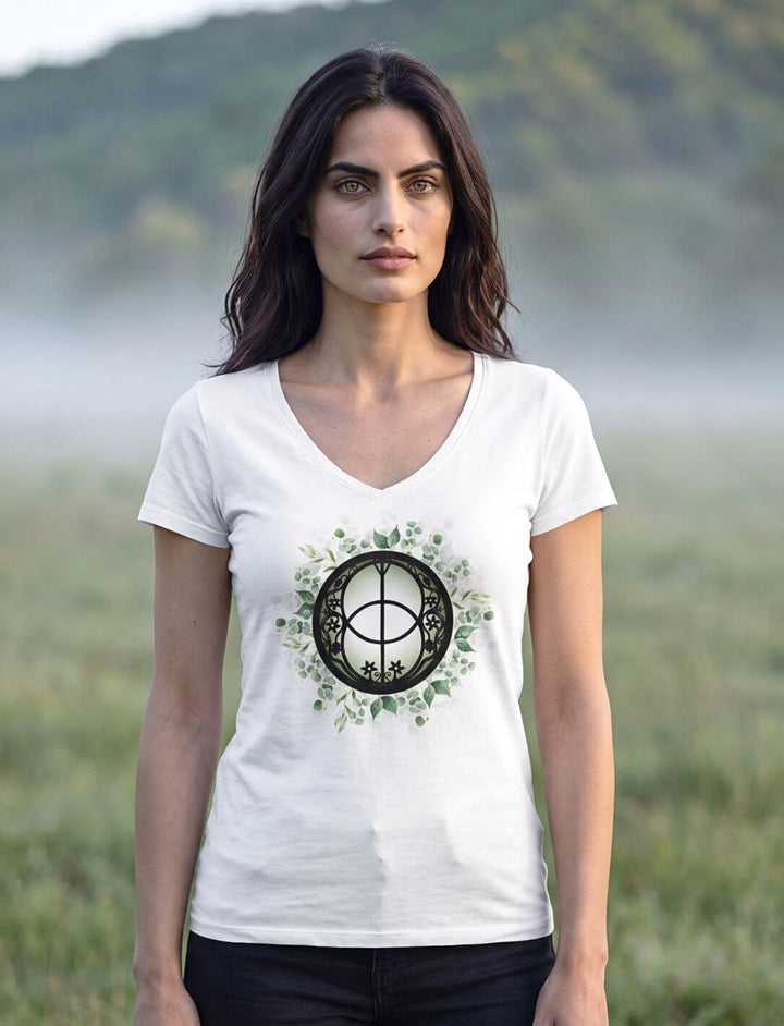 Frau im weißen Shirt auf nebliger Wiese am frühen Morgen