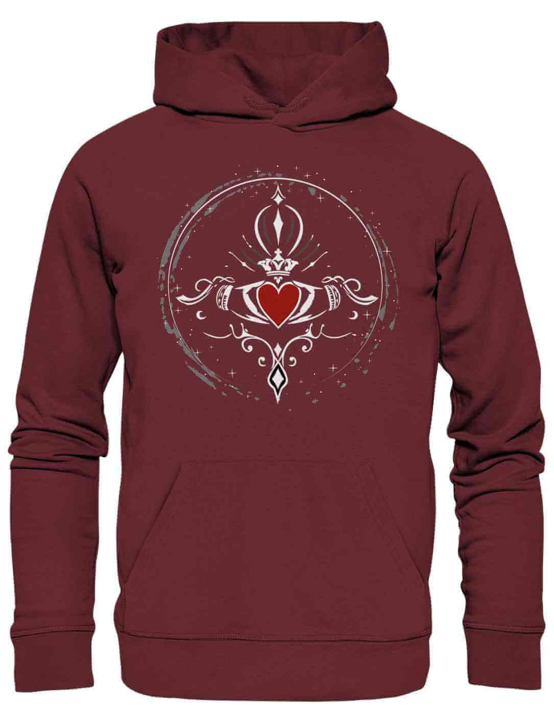 Burgunderfarbener Hoodie mit Claddagh-Motiv der ewigen Liebe, abgebildet auf weißem Hintergrund.