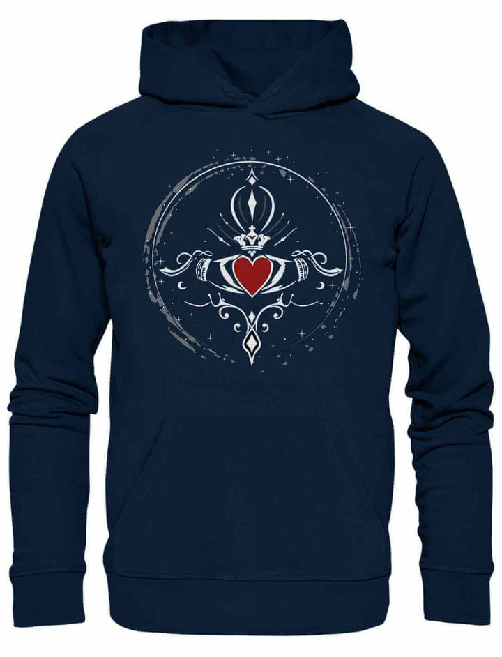 French Navy Hoodie mit Claddagh-Motiv der ewigen Liebe, dargestellt vor weißem Hintergrund.