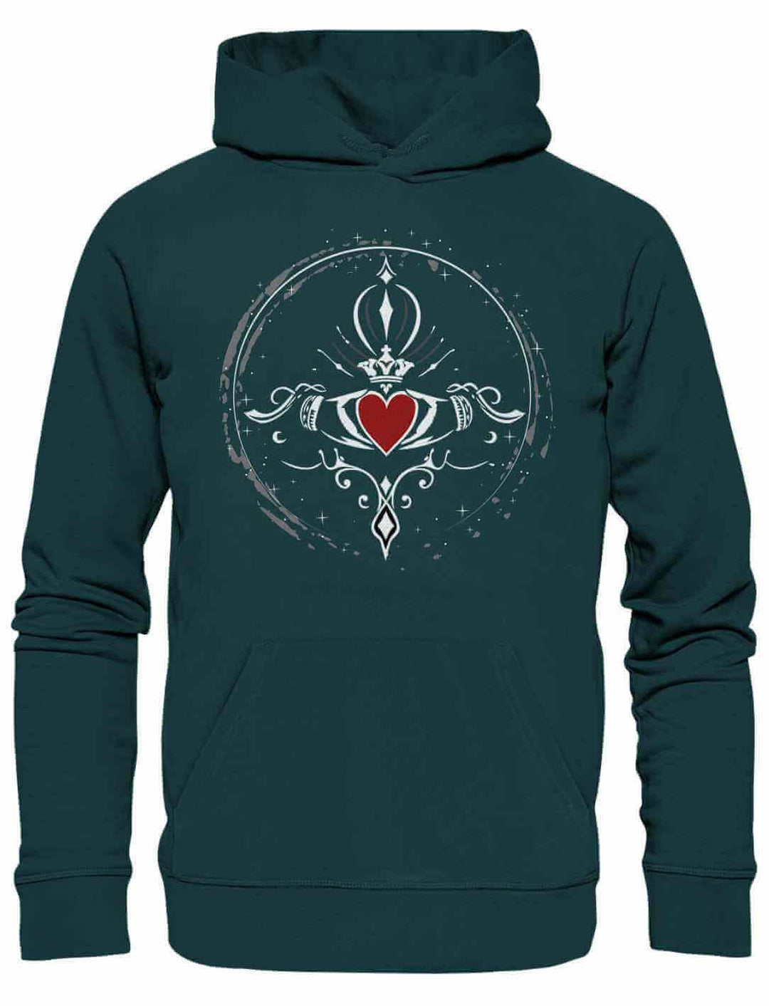 Glazed Green Hoodie mit Claddagh-Motiv der ewigen Liebe, präsentiert auf weißem Hintergrund.