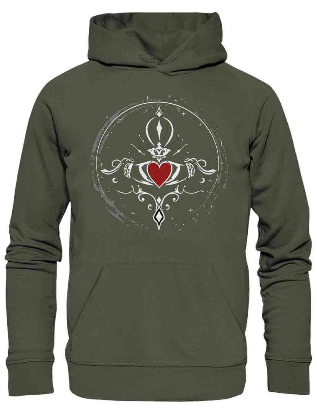 Khaki Hoodie mit Claddagh-Motiv der ewigen Liebe, gezeigt vor weißem Hintergrund.