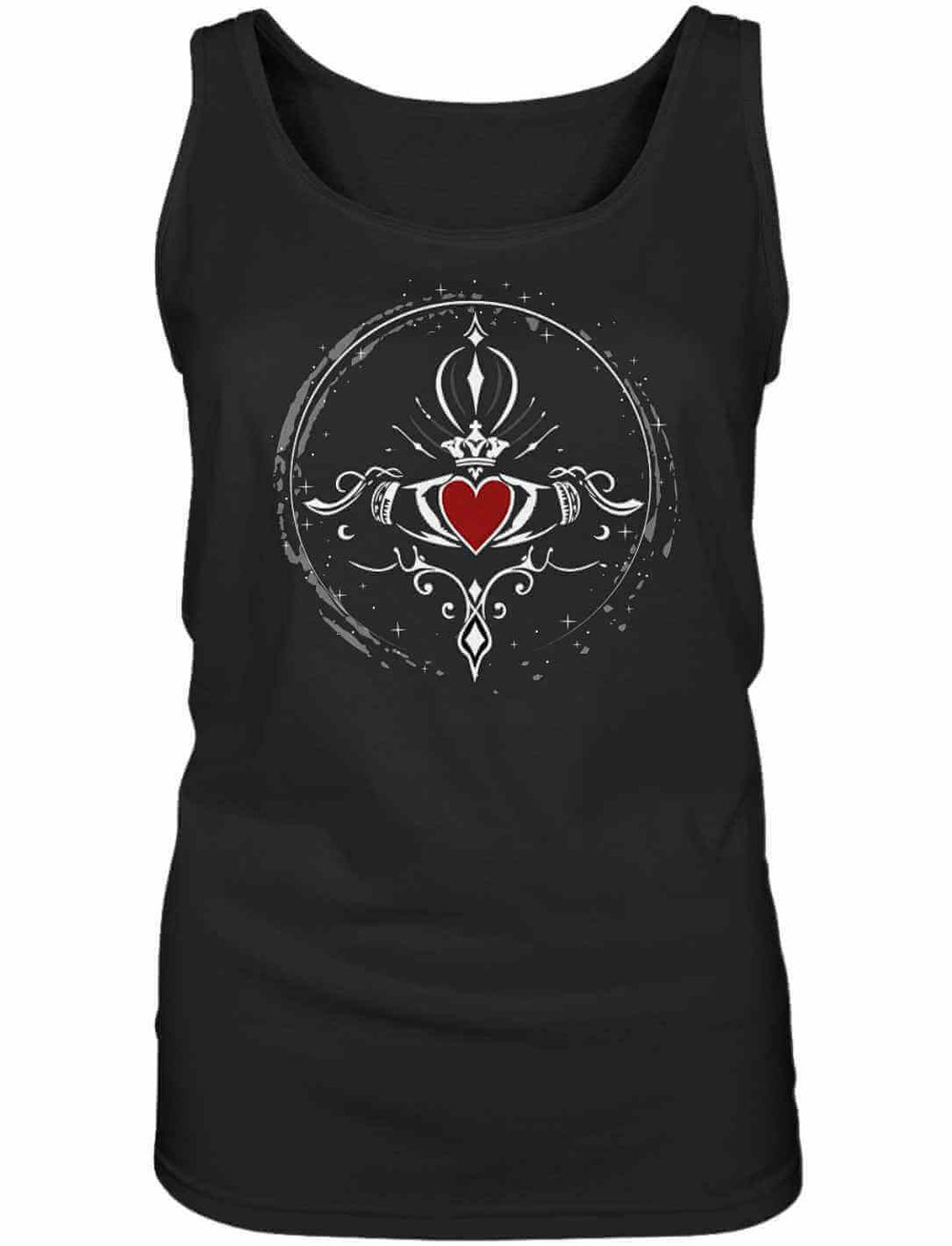 Damen-Tank-Top aus Baumwolle in schwarz, verziert mit dem Claddagh-Symbol der ewigen Liebe in elegantem Design.