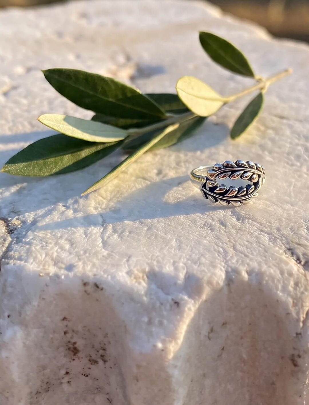 Blattring aus 925 Silber auf einem griechischen Marmorsäulenfragment mit Olivenzweig im Abendlicht