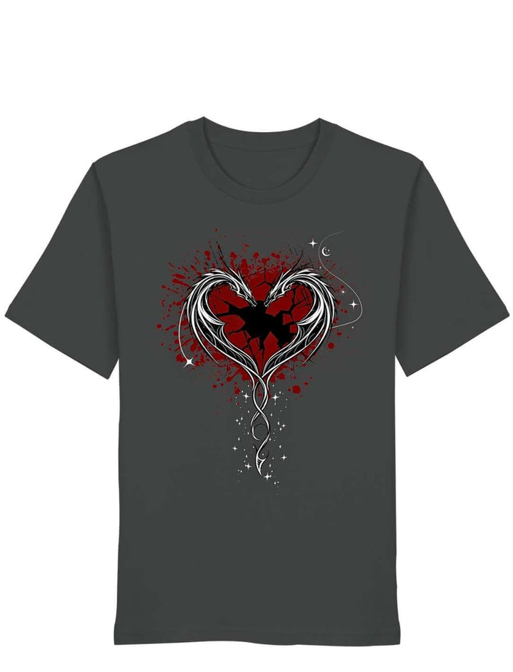 Drachen Shirt Unisex anthrazit – Cor Draconis T-Shirt mit rotem Drachenherz-Print, Organic Bio-Baumwolle