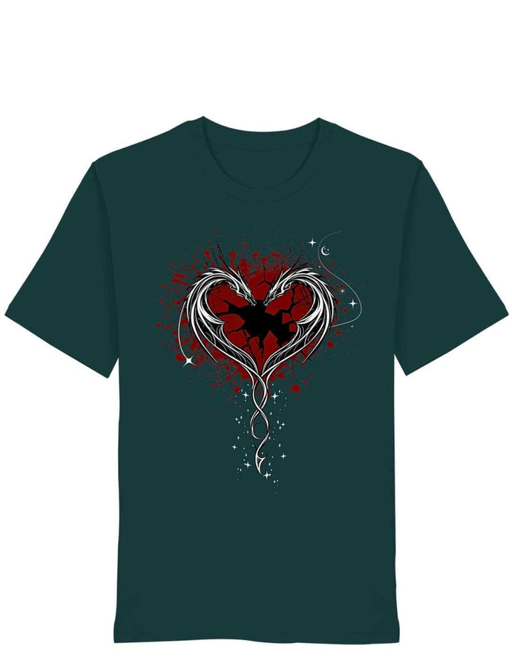 Drachen Shirt Unisex dunkelgrün – Cor Draconis T-Shirt mit rotem Drachenherz-Print, Organic Bio-Baumwolle
