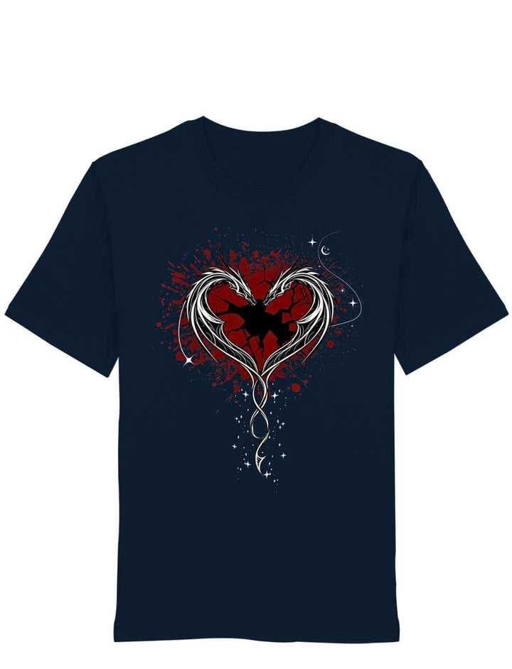 Drachen Shirt Unisex dunkelblau – Cor Draconis T-Shirt mit rotem Drachenherz-Print, Organic Bio-Baumwolle