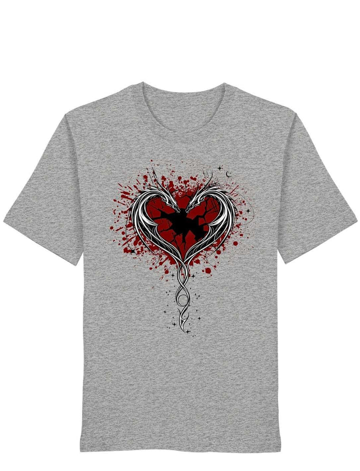 Drachen Shirt Unisex grau – Cor Draconis T-Shirt mit rotem Drachenherz-Print, Organic Bio-Baumwolle