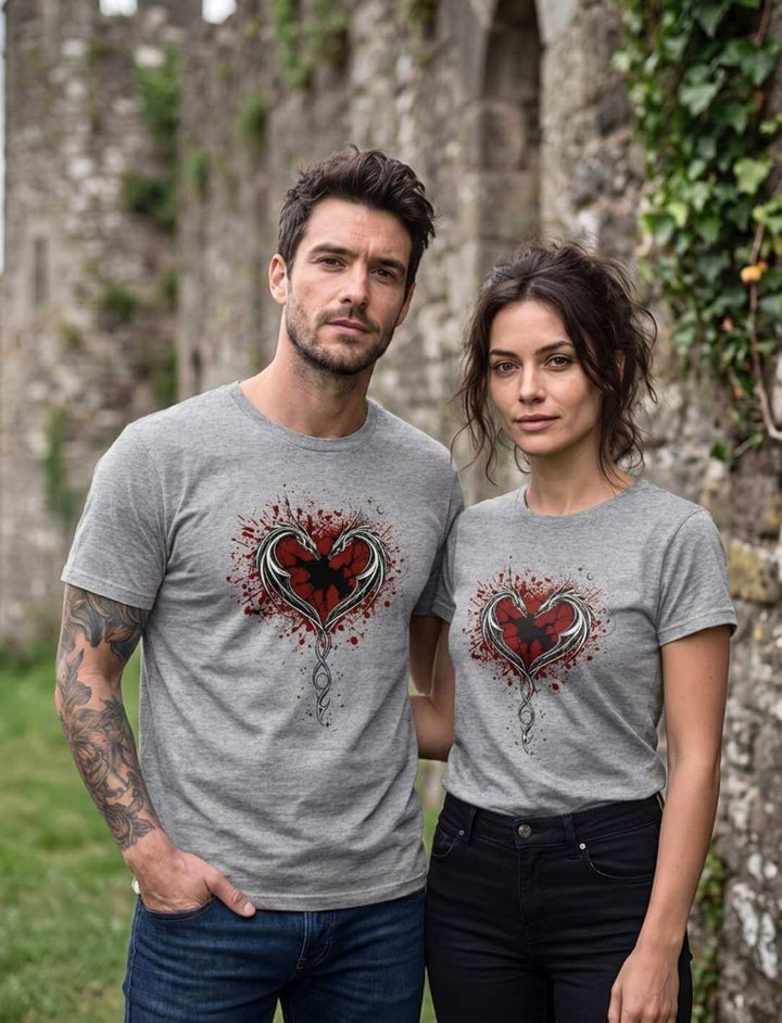 Drachen Shirt Unisex grau – Paar trägt Cor Draconis T-Shirt mit Drachenherz-Motiv vor Burgmauer