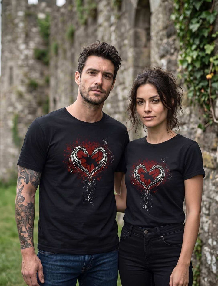 Drachen Shirt Unisex schwarz – Mann und Frau tragen Cor Draconis T-Shirt mit Drachenherz-Motiv vor Burgmauer