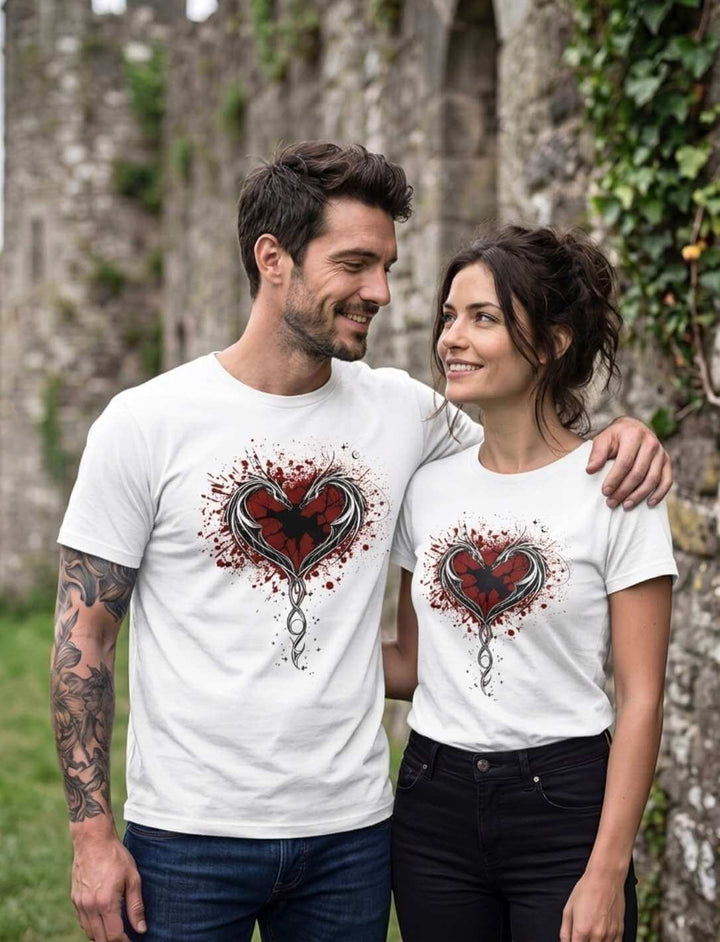 Drachen Shirt Unisex weiß – Paar trägt Cor Draconis T-Shirt mit Drachenherz-Motiv vor Burgmauer