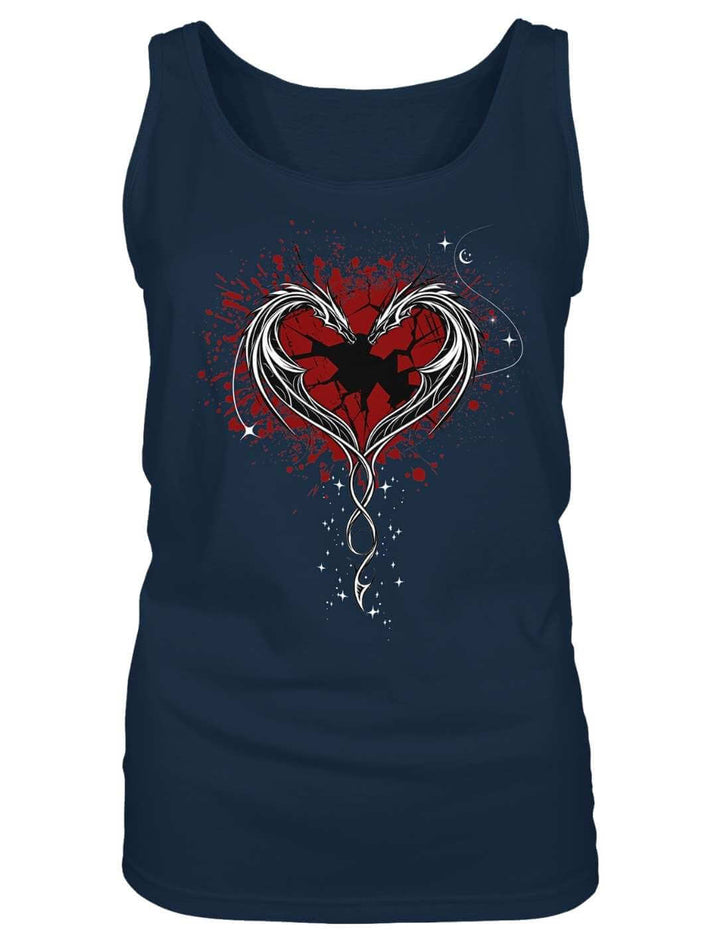 Navy Damen Tank Top mit hellem Drachenpaar und rotem Herz, Flatlay von vorn