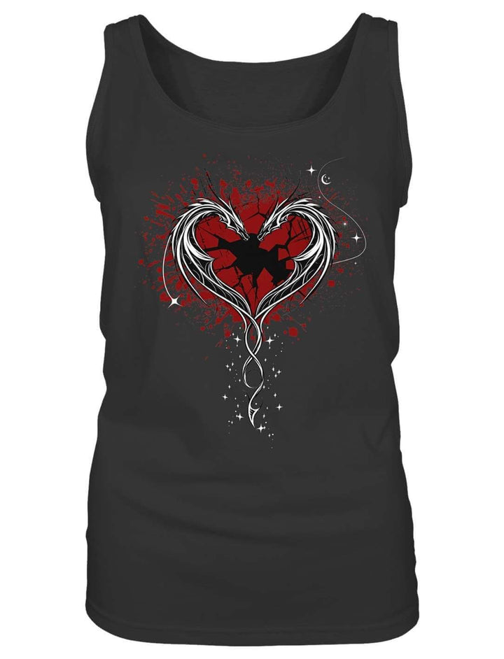 Schwarzes Damen Tank Top mit Drachenherz-Motiv, flach fotografiert von vorn